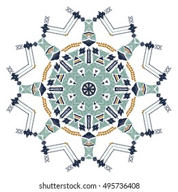 Tribal folk aztec geometric pattern in circle. Round american indian motif in vector. Hand drawn ornate background for fashion design, textile, paper, card and cover. Colorful art print design.