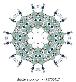 Tribal folk aztec geometric pattern in circle. Round american indian motif in vector. Hand drawn ornate background for fashion design, textile, paper, card and cover. Colorful art print design.