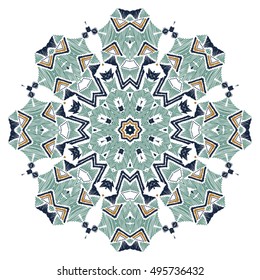 Tribal folk aztec geometric pattern in circle. Round american indian motif in vector. Hand drawn ornate background for fashion design, textile, paper, card and cover. Colorful art print design.