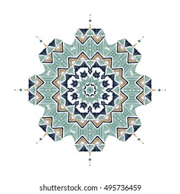 Tribal folk aztec geometric pattern in circle. Round american indian motif in vector. Hand drawn ornate background for fashion design, textile, paper, card and cover. Colorful art print design.