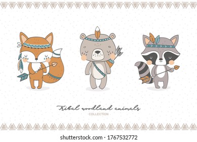 Tribal forest animal collection. Cute fox, bear, raccoon baby characters. Hand drawn cartoon icon design vector illustration.