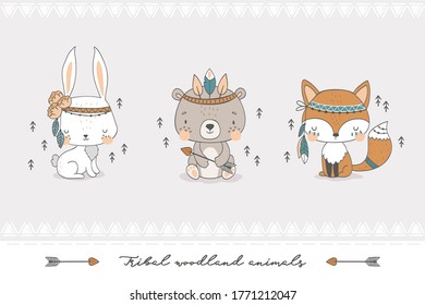 Tribal forest animal collection. Cute fox, bear, rabbit baby characters. Hand drawn cartoon icon design vector illustration.