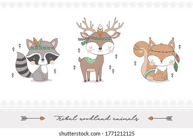 Tribal forest animal collection. Cute fox, raccoon, deer baby characters. Hand drawn cartoon icon design vector illustration.