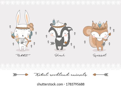 Tribal forest animal collection. Cute fox, rabbit, raccoon baby characters. Hand drawn cartoon icon design vector illustration.