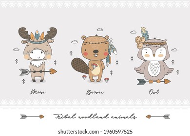 Tribal forest animals hand drawn illustration. Owl, beaver and moose cartoon characters