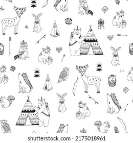 Tribal forest animals vector seamless pattern