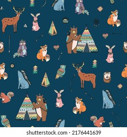 Tribal forest animals vector seamless pattern
