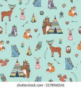 Tribal forest animals vector seamless pattern