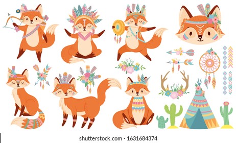 Tribal fox. Cute foxes, indian feather warbonnet and wild animal cartoon vector illustration set. Funny happy character and traditional native American items - tipi, dreamcatcher, bow and arrows.