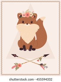 Tribal fox with floral wreath on a head and crossed arrows. Vector cartoon illustration.  