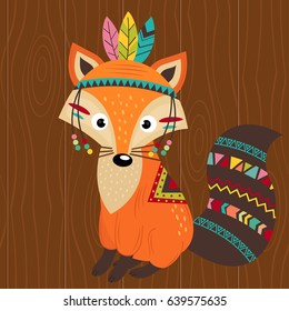 tribal fox on wooden background - vector illustration, eps