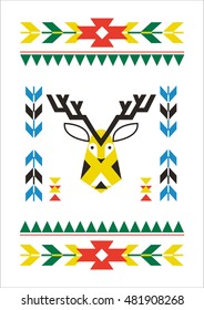 Tribal frame with deer head in ethnic design. Aztec illustration with tribal geometric elements. Abstract tribal design frame in hipster style