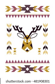 Tribal frame with deer head in ethnic design. Aztec illustration with tribal geometric elements. Abstract tribal design frame in hipster style