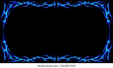 tribal frame on a black background, radiating an electrifying and dynamic. bold and striking symmetrical patterns vector design. perfect for themes like cyberpunk, gothic, or futuristic