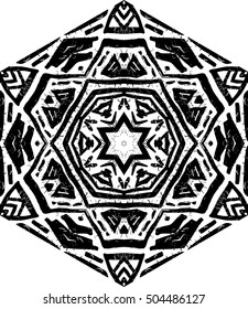 Tribal freehand medallion print. Ethnic hexagon mandala print for t-shirt. Free hand drawing vector motif. Black and whithe grunge ornament