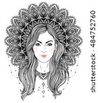 Tribal Fusion Boho Diva. Beautiful divine girl with ornate mandala-shaped halo, native American Indian feather headdress inspired. Adult anti-stress coloring book page. Hand drawn illustration. 