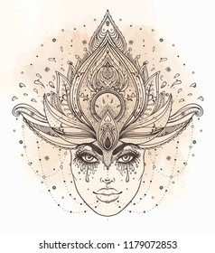 Tribal Fusion Boho Diva. Beautiful Asian divine girl with ornate crown, kokoshnik inspired. Bohemian goddess. Hand drawn elegant illustration. Lotus flower, ethnic art, patterned Indian paisley.