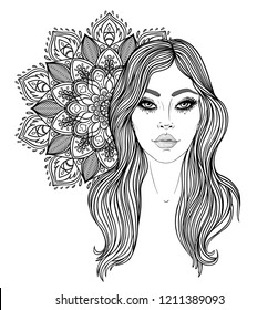 Tribal Fusion Boho Diva. Beautiful Asian divine girl with ornate crown, kokoshnik inspired. Bohemian goddess. Hand drawn elegant illustration. Lotus flower, ethnic art, patterned Indian paisley.