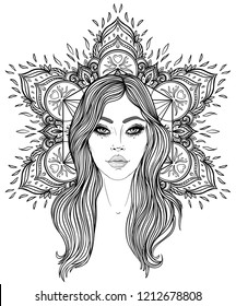 Tribal Fusion Boho Diva. Beautiful Asian divine girl with ornate crown, kokoshnik inspired. Bohemian goddess. Hand drawn elegant illustration. Lotus flower, ethnic art, patterned Indian paisley.