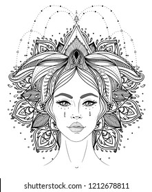 Tribal Fusion Boho Diva. Beautiful Asian divine girl with ornate crown, kokoshnik inspired. Bohemian goddess. Hand drawn elegant illustration. Lotus flower, ethnic art, patterned Indian paisley.