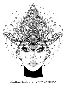 Tribal Fusion Boho Diva. Beautiful Asian divine girl with ornate crown, kokoshnik inspired. Bohemian goddess. Hand drawn elegant illustration. Lotus flower, ethnic art, patterned Indian paisley.