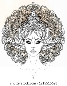 Tribal Fusion Boho Diva. Beautiful Asian divine girl with ornate crown, kokoshnik inspired. Bohemian goddess. Hand drawn elegant illustration. Lotus flower, ethnic art, patterned Indian paisley.