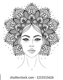 Tribal Fusion Boho Diva  Beautiful Asian divine girl and ornate crown  kokoshnik inspired  Bohemian goddess  Hand drawn elegant illustration  Lotus flower  ethnic art  patterned Indian paisley 