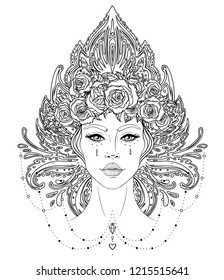 Tribal Fusion Boho Diva. Beautiful Asian divine girl with ornate crown, kokoshnik inspired. Bohemian goddess. Hand drawn elegant illustration. Lotus flower, ethnic art, patterned Indian paisley.