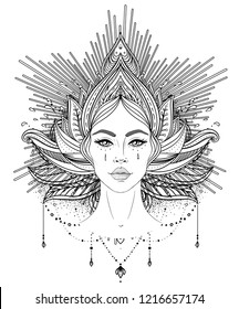 Tribal Fusion Boho Diva. Beautiful Asian divine girl with ornate crown, kokoshnik inspired. Bohemian goddess. Hand drawn elegant illustration. Lotus flower, ethnic art, patterned Indian paisley.