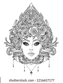 Tribal Fusion Boho Diva. Beautiful Asian divine girl with ornate crown, kokoshnik inspired. Bohemian goddess. Hand drawn elegant illustration. Lotus flower, ethnic art, patterned Indian paisley.