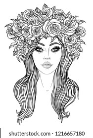 Tribal Fusion Boho Diva. Beautiful Asian divine girl with ornate crown, kokoshnik inspired. Bohemian goddess. Hand drawn elegant illustration. Lotus flower, ethnic art, patterned Indian paisley.