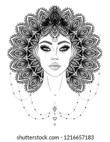 Tribal Fusion Boho Diva. Beautiful Asian divine girl with ornate crown, kokoshnik inspired. Bohemian goddess. Hand drawn elegant illustration. Lotus flower, ethnic art, patterned Indian paisley.