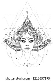 Tribal Fusion Boho Diva. Beautiful Asian divine girl with ornate crown, kokoshnik inspired. Bohemian goddess. Hand drawn elegant illustration. Lotus flower, ethnic art, patterned Indian paisley.