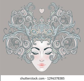 Tribal Fusion Boho Diva. Beautiful Asian divine girl with ornate crown, kokoshnik inspired. Bohemian goddess. Hand drawn elegant illustration. Lotus flower, ethnic art, patterned Indian paisley. 