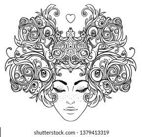 Tribal Fusion Boho Diva. Beautiful Asian divine girl with ornate crown, kokoshnik inspired. Bohemian goddess. Hand drawn elegant illustration. Lotus flower, ethnic art, patterned Indian paisley.