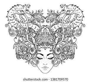 Tribal Fusion Boho Diva. Beautiful girl with ornate crown and Fantasy creature dragon. Medieval Heraldic coat of arms crest shield emblem. Bohemian goddess. Hand drawn elegant illustration.