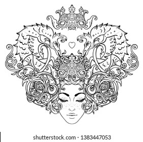 Tribal Fusion Boho Diva. Beautiful girl with ornate crown and Fantasy creature dragon. Medieval Heraldic coat of arms crest shield emblem. Bohemian goddess. Hand drawn elegant illustration.