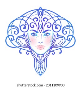 Tribal Fusion Boho Diva. Beautiful Divine Girl With Ornate Crown, Art Nouveau Inspired. Bohemian Goddess. Hand Drawn Elegant Illustration. Lotus Flower, Ethnic Art, Patterned Indian Paisley.