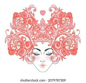 Tribal Fusion Boho Diva. Beautiful Asian divine girl with ornate crown, kokoshnik inspired. Bohemian goddess. Hand drawn elegant illustration. Lotus flower, ethnic art, patterned Indian paisley. 