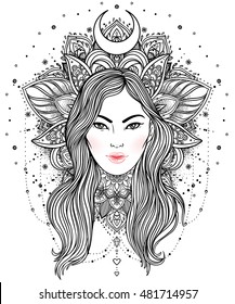 Tribal Fusion Boho Diva. Beautiful Asian divine girl with ornate crown, kokoshnik inspired. Adult anti-stress coloring book page. Bohemian goddess. Hand drawn beautiful contour magical illustration.