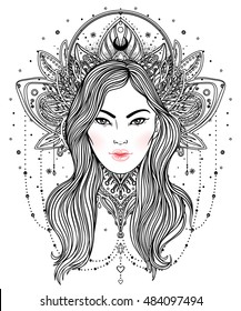 Tribal Fusion Boho Diva. Beautiful Asian divine girl with ornate crown, kokoshnik inspired. Adult anti-stress coloring book page. Bohemian goddess. Hand drawn beautiful contour elegant illustration.