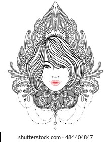 Tribal Fusion Boho Diva. Beautiful Asian divine girl with ornate crown, kokoshnik inspired. Adult anti-stress coloring book page. Bohemian goddess. Hand drawn beautiful contour elegant illustration.