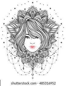 Tribal Fusion Boho Diva. Beautiful Asian divine girl with ornate crown, kokoshnik inspired. Adult anti-stress coloring book page. Bohemian goddess. Hand drawn beautiful contour elegant illustration.