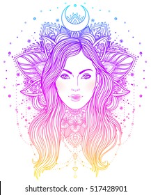 Tribal Fusion Boho Diva. Beautiful Caucasian divine girl with ornate crown, kokoshnik inspired. Adult anti-stress coloring book page. Bohemian goddess. Hand drawn beautiful contour illustration.