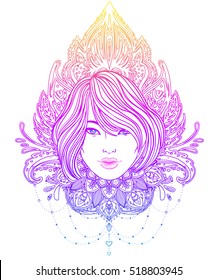 Tribal Fusion Boho Diva. Beautiful Asian divine girl with ornate crown, kokoshnik inspired. Tattoo, astrology and magic symbol.. Bohemian goddess. Hand drawn beautiful contour elegant illustration.