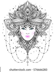 Tribal Fusion Boho Diva. Beautiful Asian divine girl with ornate crown, kokoshnik inspired. Bohemian goddess. Hand drawn elegant illustration. Lotus flower, ethnic art, patterned Indian paisley. 