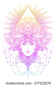 Tribal Fusion Boho Diva. Beautiful Asian divine girl with ornate crown, kokoshnik inspired. Bohemian goddess. Hand drawn elegant illustration. Lotus flower, ethnic art, patterned Indian paisley. 