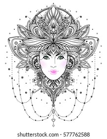 Tribal Fusion Boho Diva. Beautiful Asian divine girl with ornate crown, kokoshnik inspired. Bohemian goddess. Hand drawn elegant illustration. Lotus flower, ethnic art, patterned Indian paisley. 