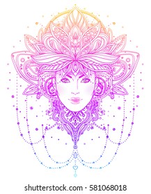 Tribal Fusion Boho Diva. Beautiful Asian divine girl with ornate crown, kokoshnik inspired. Bohemian goddess. Hand drawn elegant illustration. Lotus flower, ethnic art, patterned Indian paisley. 