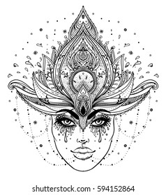 Tribal Fusion Boho Diva. Beautiful Asian divine girl with ornate crown, kokoshnik inspired. Bohemian goddess. Hand drawn elegant illustration. Lotus flower, ethnic art, patterned Indian paisley. 